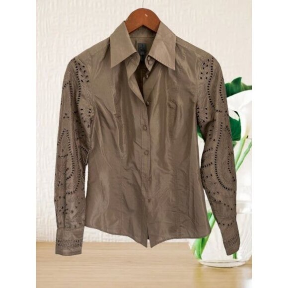 Y2K Calvin Klein Womens Silk Taupe Embroidered Button-Up Blouse Size 2 - Picture 1 of 7